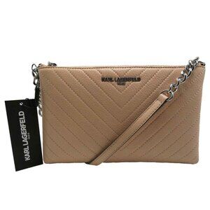 Karl Lagerfeld Paris Charlotte Quilted Pebbled Leather Crossbody Bag in Beige